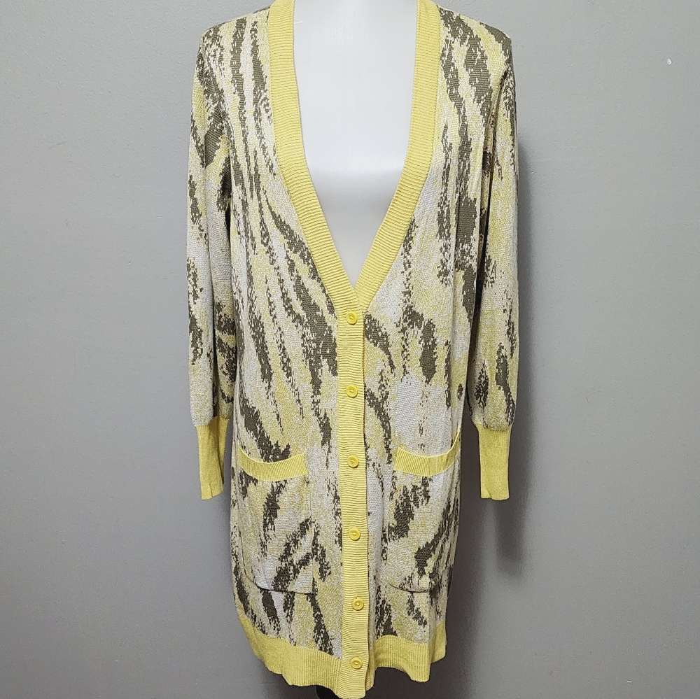 Lisa Rinna Collection yellow olive animal print duster cardigan size medium